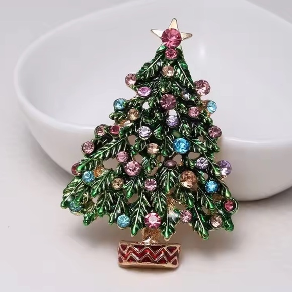 Betsey Johnson Festive Christmas Tree Brooch Blue  Colorful Rhinestones - Picture 4 of 6